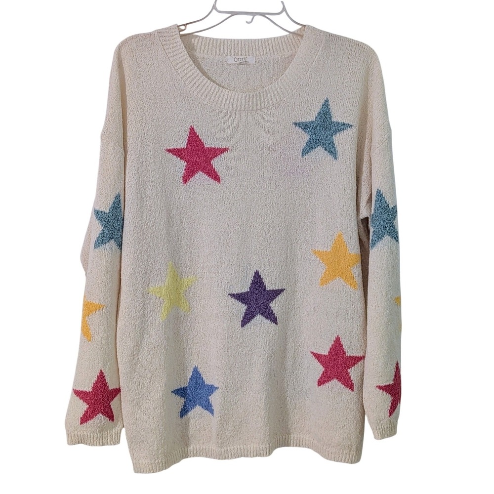 ODDI Cream Multi Color Star Knit Sweater Pullover M L Cozy Casual NEW